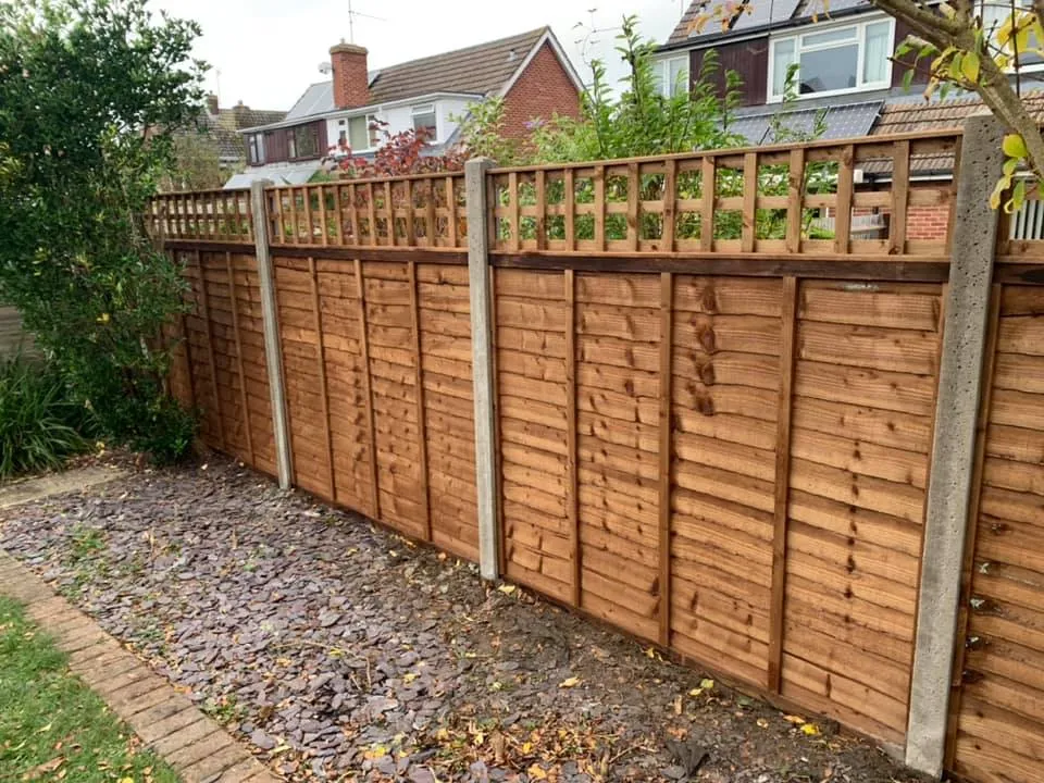 A wooden fence with vertical panels and a lattice top stands in a garden. Houses and trees are visible in the background. The ground is covered in mulch and stones.