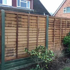 A wooden fence in a backyard garden with green and leafy shrubs in front. Two houses with slanted roofs are visible behind the fence. The sky is overcast.